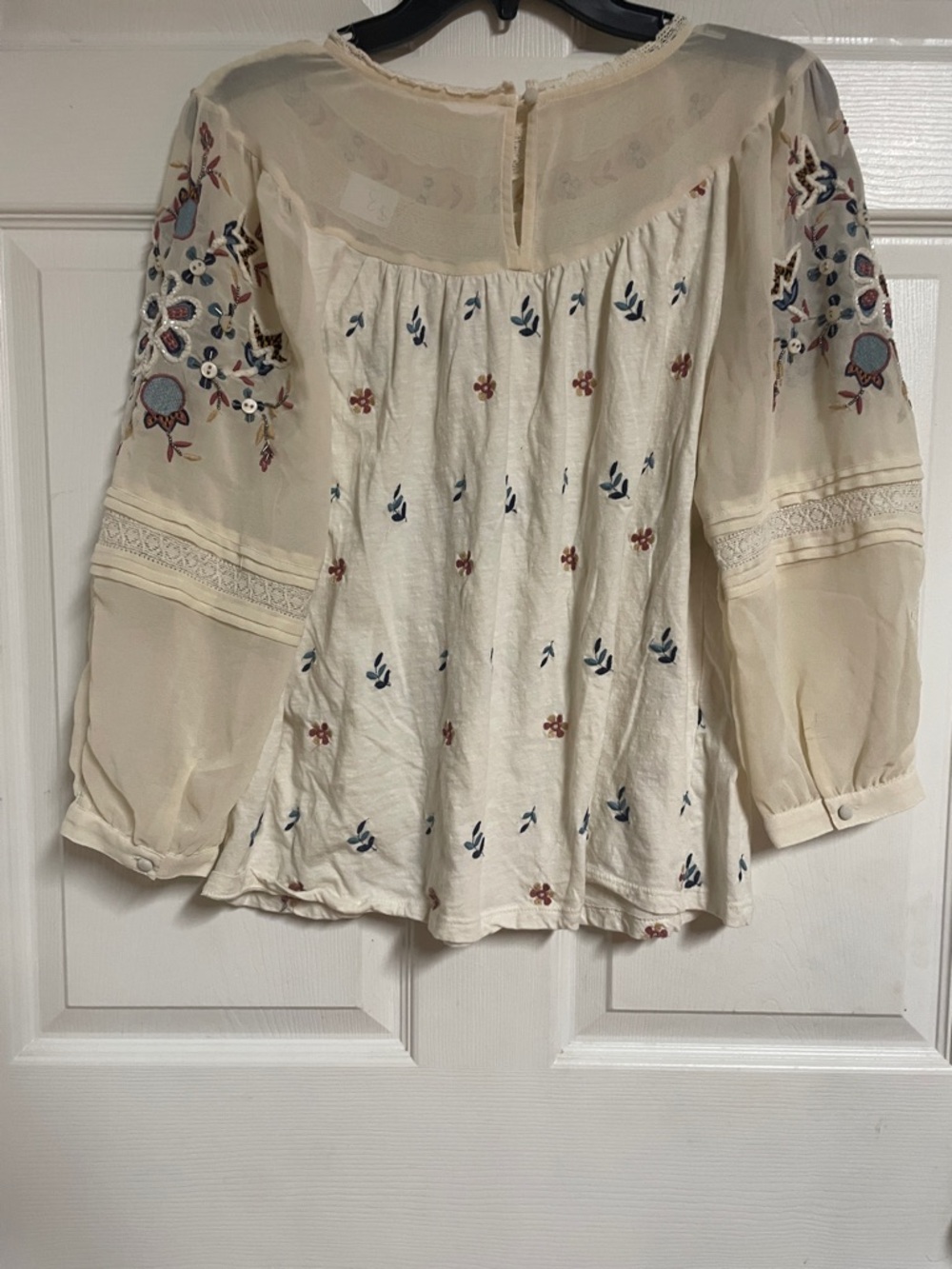 Anthropologie Cream Boho Embroidered Peasant Blouse with Blue & Rust Accents - Picture 4 of 6